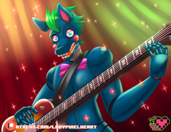 Size: 4400x3400 | Tagged: safe, oc, oc:quill scribble, anthro, animatronic, curtains, five nights at freddy's, furry, guitar, musical instrument