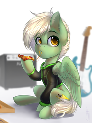 Size: 1200x1600 | Tagged: safe, artist:falafeljake, oc, oc only, oc:energytone, pegasus, pony, clothes, eating, food, guitar, hoodie, looking up, musical instrument, pizza, solo
