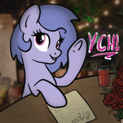 Size: 2100x2100 | Tagged: safe, artist:lannielona, pony, advertisement, commission, dinner, female, flower, high res, lights, mare, menu, night, rose, smiling, solo, table, underhoof, waving, your character here