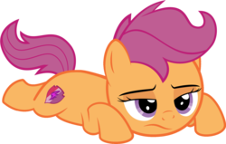 Size: 1704x1087 | Tagged: safe, artist:redpandapony, artist:sollace, edit, editor:slayerbvc, vector edit, scootaloo, earth pony, pony, g4, bored, cutie mark, earth pony scootaloo, female, filly, prone, race swap, sad, show accurate, simple background, solo, the cmc's cutie marks, transparent background, unamused, vector