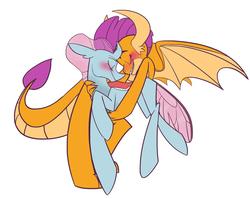 Size: 1280x1020 | Tagged: safe, artist:cocomintkitty, ocellus, smolder, g4, blushing, changeling x dragon, cute, diaocelles, eyes closed, female, hug, lesbian, ship:smolcellus, shipping, simple background, smiling, smolderbetes, white background