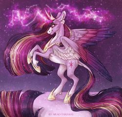 Size: 1280x1225 | Tagged: safe, artist:airadyarhahs, twilight sparkle, alicorn, classical unicorn, pony, g4, the last problem, colored wings, curved horn, female, glowing horn, hoof shoes, horn, leonine tail, magic, multicolored wings, older, older twilight, older twilight sparkle (alicorn), peytral, princess twilight 2.0, rearing, signature, smiling, solo, twilight sparkle (alicorn), unshorn fetlocks, wings