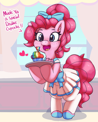 Size: 3510x4368 | Tagged: safe, artist:pabbley, pinkie pie, earth pony, pony, fanfic:cupcakes, g4, apron, bipedal, bow, clothes, cupcake, cute, diapinkes, dress, ear fluff, female, food, grimcute, hair bow, happy, it's a trap, pleated skirt, rainbow cupcake, run away, shoes, skirt, smiling, solo, standing, stockings, thigh highs, this will end in death, this will end in tears, this will end in tears and/or death, tray, zettai ryouiki