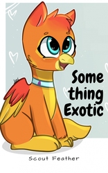Size: 641x1024 | Tagged: safe, oc, oc only, oc:amber wing, griffon, author:scout feather, chickub, clopfic linked in description, collar, fanfic, fanfic art, fanfic cover, fanfic in the description, female, griffon oc, solo, wingding eyes