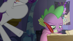Size: 1920x1080 | Tagged: safe, screencap, captain mare-acle, rarity, spike, wonder mare, dragon dropped, g4, season 9, clothes, faic, feather, funny, great moments in animation, gums, paper, poster, power ponies, robe, scroll, writing
