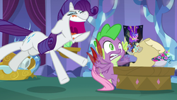 Size: 1920x1080 | Tagged: safe, screencap, rarity, spike, dragon, pony, unicorn, dragon dropped, g4, season 9, clothes, duo, faic, feather, female, great moments in animation, gums, male, mare, mawshot, open mouth, paper, poster, power ponies, rarirage, robe, scroll, startled, uvula, yelling