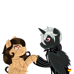 Size: 1000x1000 | Tagged: safe, oc, oc only, oc:daphnes, oc:laurel, alicorn, bat, pegasus, pony, twinkle eyed pony, bowtie, clothes, costume, couple, female, halloween, holiday, hoof hold, looking at each other, male, romantic, stitches, straight, suit, the nightmare before christmas