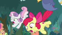 Size: 1280x720 | Tagged: safe, screencap, apple bloom, sweetie belle, earth pony, pony, unicorn, g4, the last crusade, airborne, cutie mark, duo, female, filly, foal, open mouth, the cmc's cutie marks