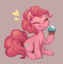 Size: 700x707 | Tagged: safe, artist:kei05, pinkie pie, earth pony, pony, g4, chest fluff, cupcake, cute, diapinkes, eating, eyes closed, female, food, heart, licking, licking lips, mare, purple background, simple background, sitting, solo, tongue out