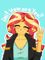 Size: 1024x1366 | Tagged: safe, artist:albertbm, sunset shimmer, equestria girls, g4, blue background, blushing, bust, cute, eyes closed, female, hi, shimmerbetes, simple background, smiling, smiling at you, solo, wave