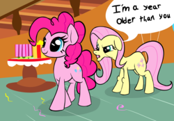 Size: 4040x2810 | Tagged: safe, artist:wenni, fluttershy, pinkie pie, earth pony, pony, series:pony re-watch, g4, griffon the brush off, cropped, dialogue, duo, elderly, female, floppy ears, frown, granny shy, i'm a year older than you, mare, older, older fluttershy, open mouth, party, raised eyebrow, scene interpretation, smiling, speech bubble, sugarcube corner, text, wat, wingless