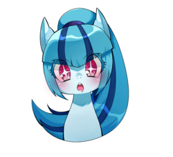 Size: 900x821 | Tagged: safe, artist:katuhira_rinmi, sonata dusk, pony, g4, blushing, bust, cute, equestria girls ponified, eye clipping through hair, female, looking at you, mare, open mouth, ponified, portrait, simple background, solo, sonatabetes, starry eyes, white background, wingding eyes