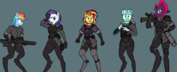 Size: 5810x2399 | Tagged: safe, artist:thehuskylord, edit, lyra heartstrings, rainbow dash, rarity, sunset shimmer, tempest shadow, anthro, unguligrade anthro, g4, ammo pouch, armor, clothes, equipment, gauss rifle, gun, knee pads, lidded eyes, prosthetics, pulled up sleeve, railgun, science fiction, shotgun, simple background, smiling, uniform, weapon