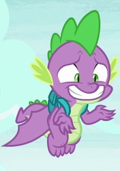 Size: 509x721 | Tagged: safe, screencap, spike, dragon, dragon dropped, g4, backpack, cropped, grin, male, nervous, nervous smile, smiling, solo, winged spike, wings
