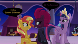 Size: 3840x2160 | Tagged: safe, artist:ejlightning007arts, edit, sunset shimmer, tempest shadow, twilight sparkle, alicorn, pony, unicorn, g4, the ending of the end, the last problem, blushing, canterlot, crown, fixed spelling, high res, hoofshake, jewelry, nervous, night, regalia, sitting, smiling, tent, twilight sparkle (alicorn)