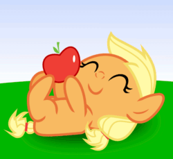 Size: 800x733 | Tagged: safe, artist:iscord, applejack, earth pony, pony, g4, ^^, animated, apple, baby, baby pony, babyjack, cute, eyes closed, female, foal, food, gif, hnnng, jackabetes, on back, solo, weapons-grade cute