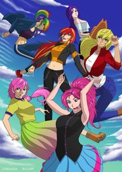 Size: 2901x4096 | Tagged: safe, artist:rittaruzira, applejack, fluttershy, pinkie pie, rainbow dash, rarity, sunset shimmer, human, equestria girls, g4, anime style, armpits, belly button, boots, clothes, cloud, cowboy hat, hat, human coloration, midriff, pants, poster, shoes, short shirt, skirt, sports bra, stetson
