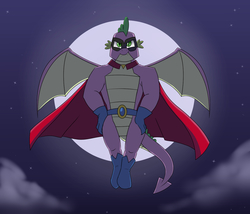 Size: 1400x1200 | Tagged: safe, artist:mew-me, spike, dragon, g4, the last problem, boots, cape, clothes, flying, gigachad spike, gloves, humdrum costume, male, mask, moon, older, older spike, power ponies, shoes, solo, winged spike, wings
