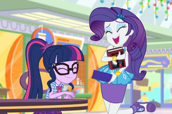 Size: 1546x1024 | Tagged: safe, screencap, rarity, sci-twi, twilight sparkle, human, dashing through the mall, equestria girls, equestria girls specials, g4, my little pony equestria girls: better together, my little pony equestria girls: holidays unwrapped, ^^, book, bracelet, canterlot mall, clothes, cropped, cute, duo, duo female, eyes closed, eyeshadow, female, geode of shielding, geode of telekinesis, gift giving, glasses, happy, high heels, jewelry, magical geodes, makeup, open mouth, pencil skirt, ponytail, raribetes, rarity peplum dress, shoes, skirt, sleeveless, smiling, twiabetes