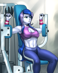 Size: 2250x2845 | Tagged: safe, artist:mykegreywolf, princess luna, vice principal luna, human, equestria girls, abs, armpits, belly, belly button, belly shirt, biceps, boob window, breasts, clothes, female, gym, halter top, high res, midriff, muscles, pants, princess muscle moona, reasonably sized breasts, sitting, solo, sports bra, vice principal muscle moona, workout, workout outfit