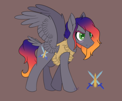 Size: 2895x2409 | Tagged: safe, artist:cha-squared, oc, oc only, oc:endless inferno, pegasus, pony, angry, bullet, commission, gradient mane, gray coat, green eyes, high res, military uniform, simple background, solo, sword, weapon