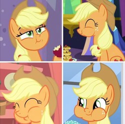 Size: 720x715 | Tagged: safe, edit, edited screencap, screencap, applejack, earth pony, pony, a trivial pursuit, castle sweet castle, g4, look before you sleep, the ending of the end, cropped, cute, eating, face, golden oaks library, jackabetes, puffy cheeks, smiling