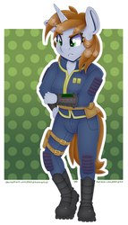 Size: 4000x7000 | Tagged: safe, alternate version, artist:partypievt, oc, oc only, oc:littlepip, unicorn, anthro, fallout equestria, absurd resolution, boots, clothes, combat boots, fallout, fanfic, fanfic art, female, hand, horn, jumpsuit, mare, pipbuck, shoes, simple background, solo, vault suit