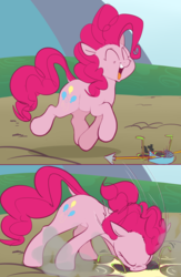 Size: 1542x2364 | Tagged: safe, artist:hattsy, pinkie pie, earth pony, pony, series:pony re-watch, g4, griffon the brush off, comic, dock, eyes closed, faceplant, female, glasses, groucho mask, mare, open mouth, scene interpretation, smiling, solo, trotting