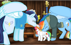Size: 1666x1054 | Tagged: safe, artist:cynderthedragon5768, rainbow dash, soarin', oc, oc:garnet flare, pegasus, pony, unicorn, g4, backwards cutie mark, child, crying, cute, father and daughter, female, filly, hug, male, mother and daughter, next generation, offspring, old cutie mark, parent:rainbow dash, parent:soarin', parents:soarindash, sad, ship:soarindash, shipping, trophies, trophy, wonderbolts