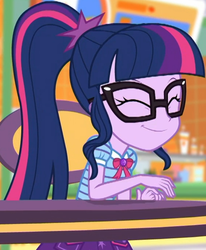 Size: 563x684 | Tagged: safe, screencap, sci-twi, twilight sparkle, equestria girls, equestria girls specials, g4, my little pony equestria girls: better together, my little pony equestria girls: holidays unwrapped, ^^, bowtie, chair, clothes, cropped, cute, eyes closed, female, geode of telekinesis, glasses, hairpin, happy, jewelry, magical geodes, mall, ponytail, shirt, short sleeves, sitting, skirt, smiling, solo, table, twiabetes