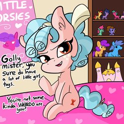 Size: 2250x2250 | Tagged: safe, artist:tjpones, cozy glow, earth pony, pony, g4, bed, bedroom, bronybait, chest fluff, cutie mark, dialogue, doll, female, filly, freckles, golly, high res, implied brony, looking at you, missing wing, poster, shelf, talking to viewer, toy, truth