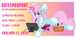 Size: 1100x550 | Tagged: safe, artist:spoopygander, oc, oc:cayde, oc:scoops, griffon, pony, unicorn, animated, burger, button eyes, cheese, chest fluff, chips, claws, cutie mark, drawing, drink, ear fluff, eyebrows, female, follower milestone, food, freckles, french fries, gif, giveaway, happy, horn, leonine tail, lettuce, magic, male, mare, markings, meta, multicolored hair, patty, raffle, smiling, straw, text, tomato, twitter, wings