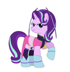 Size: 1400x1452 | Tagged: safe, artist:lonewolf3878, starlight glimmer, pony, unicorn, g4, boots, clothes, cosplay, costume, crossover, female, gloves, kelly sheridan, leena toros, looking at you, outfit, raised hoof, shoes, simple background, solo, transparent background, voice actor joke, zoids