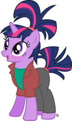 Size: 1057x1790 | Tagged: safe, artist:anime-equestria, twilight sparkle, pony, unicorn, g4, 80s, alternate hairstyle, blushing, clothes, cute, female, hairband, happy, jacket, mare, open mouth, shirt, simple background, solo, transparent background, twiabetes, vector