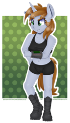 Size: 4000x7000 | Tagged: safe, alternate version, artist:partypievt, oc, oc only, oc:littlepip, unicorn, anthro, fallout equestria, absurd resolution, belly button, boots, boxers, bra, clothes, combat boots, fallout, fanfic, fanfic art, female, hand, horn, mare, partially undressed, pipbuck, shoes, simple background, solo, sports bra, stomach, tomboy, underwear, underwear edit