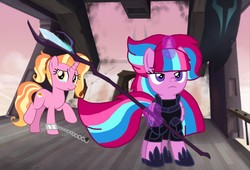 Size: 1585x1080 | Tagged: safe, artist:徐詩珮, luster dawn, oc, oc:bubble sparkle, alicorn, pony, unicorn, g4, my little pony: the movie, alicorn oc, alternate universe, armor, base used, crying, female, magic, magical lesbian spawn, mare, next generation, offspring, open up your eyes, parent:glitter drops, parent:spring rain, parent:tempest shadow, parent:twilight sparkle, parents:glittershadow, parents:sprglitemplight, parents:springdrops, parents:springshadow, parents:springshadowdrops, simple background, unamused