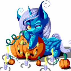 Size: 300x300 | Tagged: safe, artist:trilled-llama, oc, oc:fleurbelle, alicorn, pony, alicorn oc, animated, candle, female, gif, halloween, holiday, mare, one eye closed, pumpkin, smiling at you, wink, winking at you, yellow eyes