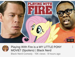 Size: 828x632 | Tagged: safe, fluttershy, human, pegasus, pony, g4, black nerd comedy, female, irl, irl human, john cena, male, mare, photo, playing with fire, thumbnail, youtube link, youtuber