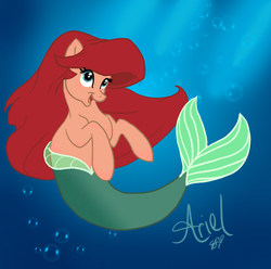 Size: 888x882 | Tagged: safe, artist:cluttercluster, merpony, pony, ariel, fish tail, flowing mane, ocean, ponified, tail, the little mermaid, underwater, water
