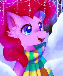 Size: 1053x1280 | Tagged: safe, artist:tamtamteru, pinkie pie, earth pony, pony, g4, bust, clothes, colored pupils, cute, diapinkes, ear fluff, female, happy, mare, open mouth, scarf, smiling, snow, snowfall, solo, winter