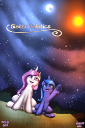 Size: 2000x3000 | Tagged: safe, artist:wolfmask, princess celestia, princess luna, pony, unicorn, fanfic:sister solstice, g4, cewestia, fanfic, female, filly, filly celestia, filly luna, high res, moon, pink-mane celestia, rooftop, stargazing, stars, sun, woona, young celestia, young luna, younger