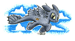 Size: 720x395 | Tagged: safe, artist:silvaniart, dracony, dragon, hybrid, night fury, pony, cloud, flying, how to train your dragon, ponified, solo, toothless the dragon