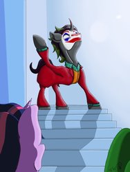 Size: 768x1024 | Tagged: safe, artist:mixdaponies, king sombra, spike, twilight sparkle, dragon, pony, unicorn, g4, the crystal empire, arthur fleck, baby, baby dragon, clothes, female, joker (2019), makeup, male, mare, stairs, stallion, suit, that pony sure does love stairs, the joker