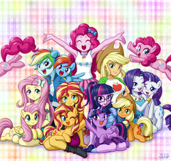 Size: 4699x4430 | Tagged: safe, alternate version, artist:uotapo, applejack, fluttershy, pinkie pie, rainbow dash, rarity, sci-twi, sunset shimmer, twilight sparkle, alicorn, earth pony, human, pegasus, pony, unicorn, equestria girls, g4, my little pony equestria girls: better together, armpits, breaking the fourth wall, cute, dashabetes, diapinkes, geode of shielding, geode of sugar bombs, geode of super speed, human ponidox, humane five, humane seven, humane six, jackabetes, looking at you, magical geodes, mane six, one eye closed, open mouth, pinkie being pinkie, raribetes, self ponidox, shimmerbetes, shyabetes, twiabetes, twilight sparkle (alicorn), twolight, wink