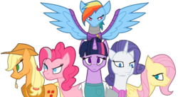 Size: 1365x750 | Tagged: safe, artist:krellak, applejack, fluttershy, pinkie pie, rainbow dash, rarity, twilight sparkle, pony, fallout equestria, g4, fanfic art, mane six, ministry mares, older, song in the description