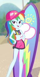 Size: 350x669 | Tagged: safe, edit, edited screencap, screencap, rainbow dash, blue crushed, equestria girls, g4, my little pony equestria girls: better together, beach, cropped, female, geode of super speed, magical geodes, solo, surfboard