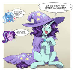 Size: 1258x1191 | Tagged: safe, artist:hazurasinner, starlight glimmer, trixie, oc, oc:illusion, pony, unicorn, g4, cape, clothes, colt, commission, female, hat, heart, lesbian, magical lesbian spawn, male, mare, mother and child, mother and son, offspring, parent:starlight glimmer, parent:trixie, parents:startrix, ship:startrix, shipping, trixie's cape, trixie's hat