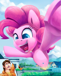 Size: 2000x2510 | Tagged: safe, artist:tsitra360, pinkie pie, earth pony, human, pony, comic:pink box surprise, balloon, box, bush, cartoon physics, clothes, confetti, cute, diapinkes, female, fence, giant pony, high res, hoodie, house, jeans, looking at each other, macro, male, mare, open mouth, outdoors, pants, photo, pony in a box, road, shirt, shoes, smiling, startled, surprised, tongue out, underhoof