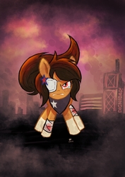 Size: 2063x2909 | Tagged: safe, artist:theratedrshimmer, oc, oc:chilenia, earth pony, pony, angry, chile, eyepatch, high res, injured, red eyes, smog, teary eyes, torre telefonica, white hooves