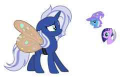 Size: 1024x635 | Tagged: safe, artist:sapphiretwinkle, trixie, oc, pony, g4, canon x oc, cardboard wings, fake wings, magical lesbian spawn, offspring, parent:trixie, parents:canon x oc